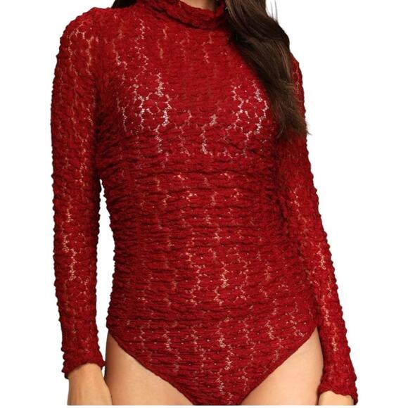 Intimately Free People Day & Night Sheer Lace Bodysuit Top Women Small Red Thong - Picture 2 of 12